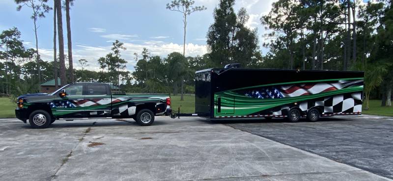 2020 Chevy 3500 and 32’ trailer  Truck and race trailer  Lettering from Gary N, FL